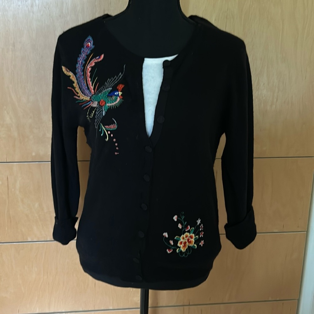 Lucky Brand Black Cardigan with Colorful Embroidery